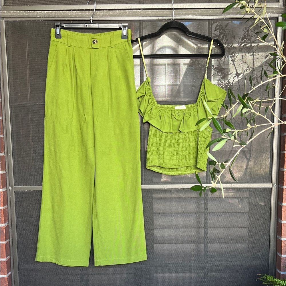 Stylish Lime Green Wide Leg Pants & Ruffle Top Set